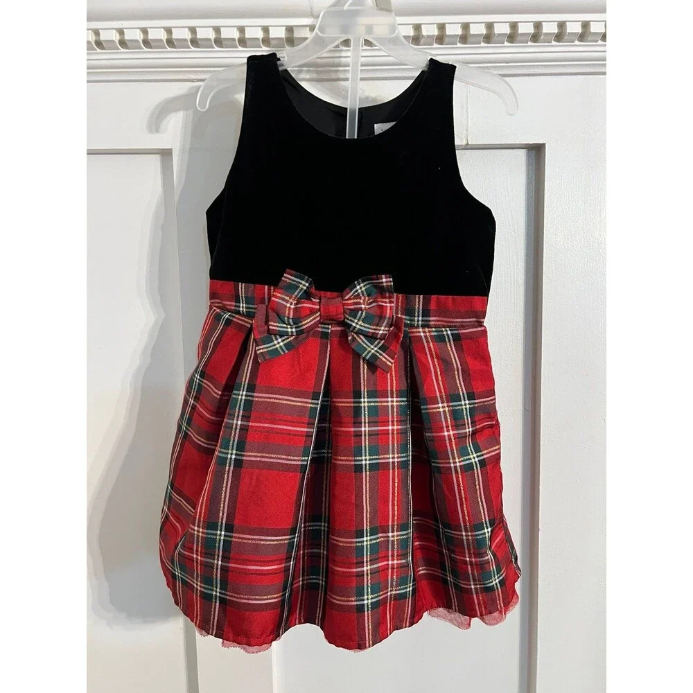 The Children's Place Girls Size 4T Red Plaid Velvet Christmas Holiday Dress